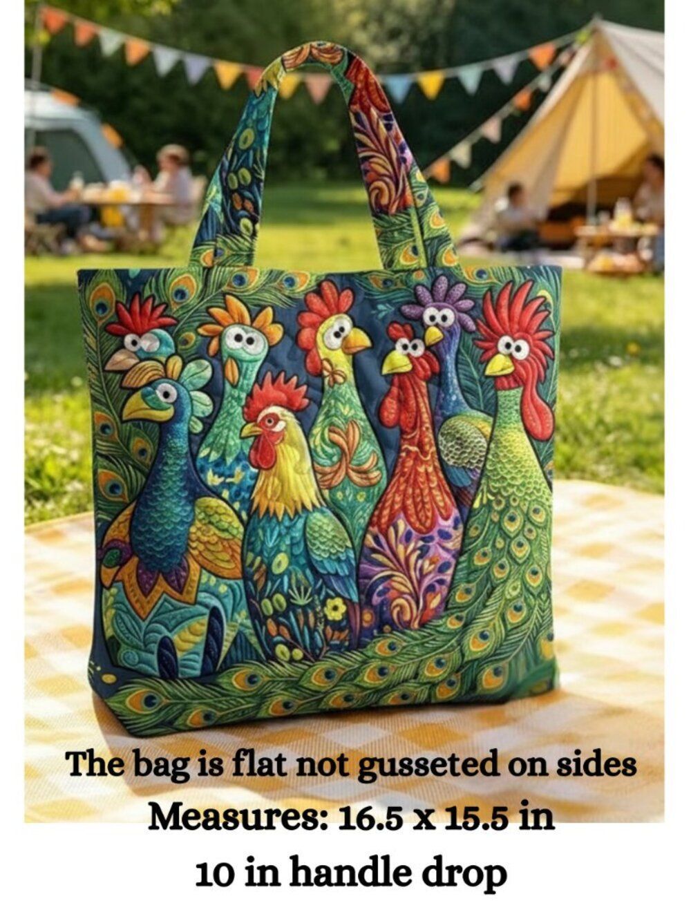 NWT Quilted Chicken Tote Bag Whimsical Rooster Graphic Print Farmhouse Handbag